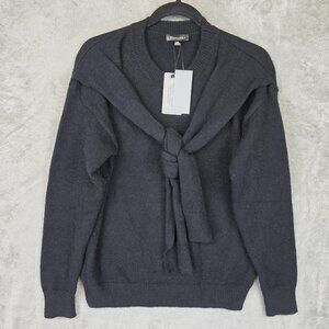 Line & Dot Sweater Womens XS Black Knit Tie Front Scarf Crewneck Pullover